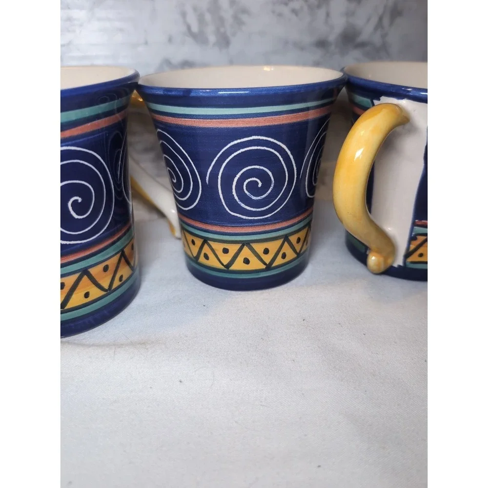 Vintage Y2K Pier 1 Italian Swirl Handpainted Mugs ~ Set of 4 ~ 16oz Earthenware